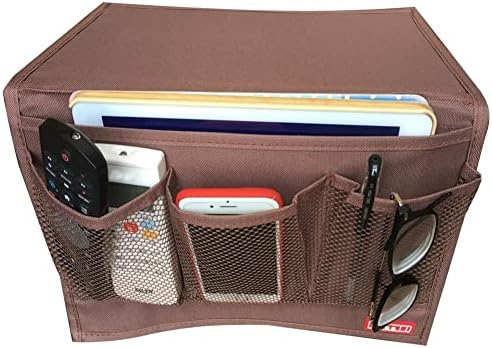 Bedside Storage Organizer with Pockets, Bedside Caddy, Table Cabinet Storage Organizer, TV Remote Control, Phones, Magazines, Tablets, Accessories, Brown