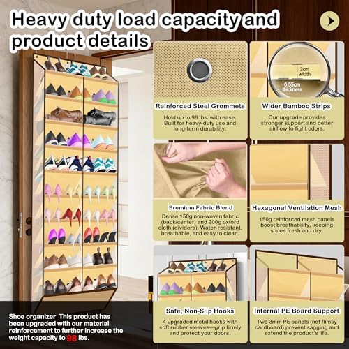 Kotkn 10-Tier Over the Door Shoe Organizer, 20 Pockets Holds 20-30 Pairs, Heavy-Duty Oxford Fabric with Hexagon Mesh for Boots & Sneakers, Beige