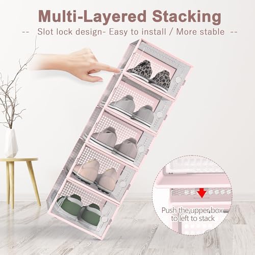Kuject Shoe Organizers Storage Boxes for Closet, 12 Pack Clear Plastic Stackable Storage Bins with Lids, Under Bed Shoe Containers for Entryway, Drop Front, Fit up to Women's Size 10,Pink