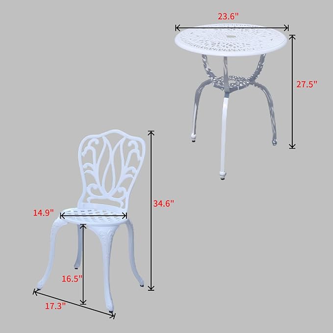 KAILI Patio Bistro Sets 3 Piece cast Aluminum Patio Furniture Outdoor Garden Metal Rust Proof Tables and Chairs White bisrto Set (Big Tulip-White)