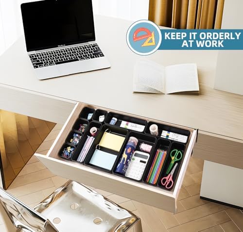 Kutesna 15PCS Interlocking Drawer Organizer, Plastic Desk Organizers Set | 3-Size Versatile Storage Bins,BPA-free, Non-slip, Fits Any Drawer for Cosmetics, Bathroom, Tools, Kitchen and Office, Black
