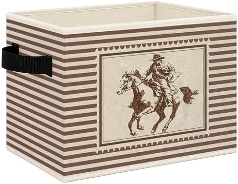 Vintage Western Cowboy Foldable Storage Bins Box with Handles, Western Country Cowboy Rodeo Horse Neutral Striped Collapsible Toys Books Clothes Organizer Basket for Bedroom Bathroom