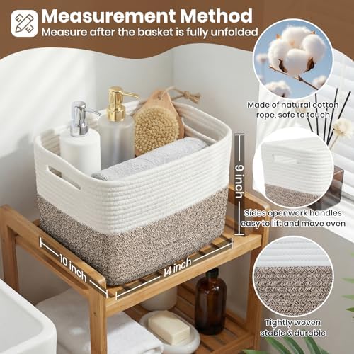 Storage Baskets for Organizing, 14 x 10 x 9” Closet Shelf Woven Baskets, Square Bins with Handles, Cotton Rope Basket for Clothes, Office, Room, White+Dark brown 1 Pack