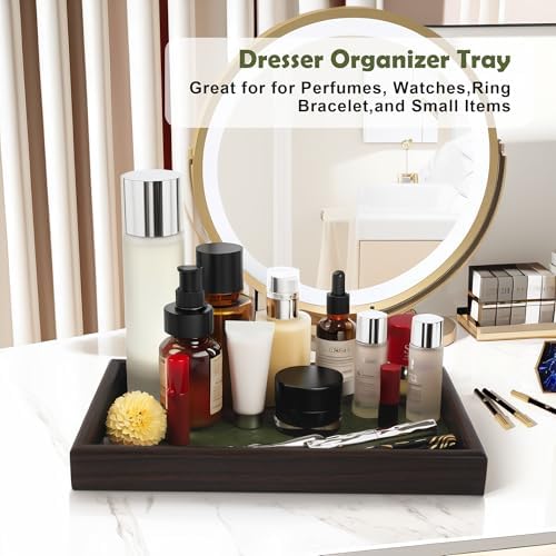 Wooden Valet Tray with Leather Base - Nightstand Catchall Organizer for Cologne, Perfume, Keys, Wallet, Phone, Watch, Jewelry & Sunglasses (Green)