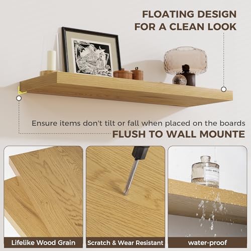 Fun Memories 12 Inch Deep Floating Shelves for Wall, 20 Inch Long Wall Mounted Storage Shelf with Invisible Brackets, 2 Pack Hanging Wood Shelf for Farmhouse, Bedroom, Kitchen, Living Room, Oak