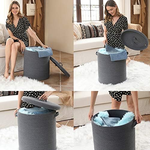 16x18 Inch Extra Large Round Cotton Rope Storage Basket with Lid, Decorative Woven Bin with Cover for Living Room Bedroom Closet, Dark Grey