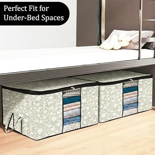 Kuber Industries Underbed Storage Bag | Clothes Storage Organizer | Blanket Cover with Clear Window | Zipper Closure & Handle Cloth Organizer | Flower-Design | Large | Pack of 2 | Black