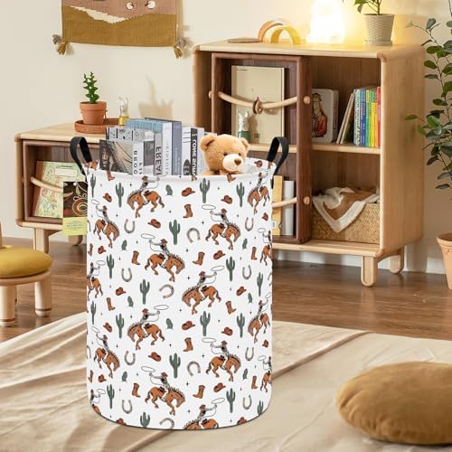 Round Fabric Collapsible Storage Basket with Handles, Cowboy