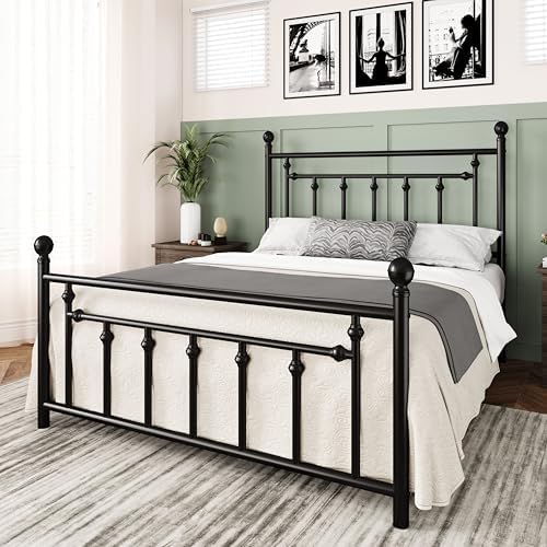 Allewie 14'' Full Size Metal Platform Bed Frame, Vintage Headboard, Black