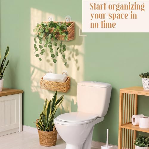 Tioncy 2 Pcs Hanging Wall Baskets for Storage, Boho Style Water Hyacinth Woven Baskets with 4 Hooks for Kitchen, Garden, Living Room