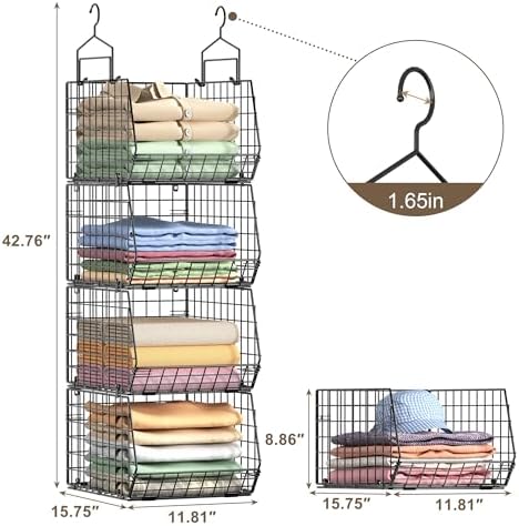 4" Extra Deeper Hanging Closet Organizers and Storage,4 Tier Foldable Wire Cabinet Shelves with 5 S Hooks,Small Metal Basket Bins for Clothes Sweaters Handbags, Wardrobe for Kitchen Laundry Room，Black