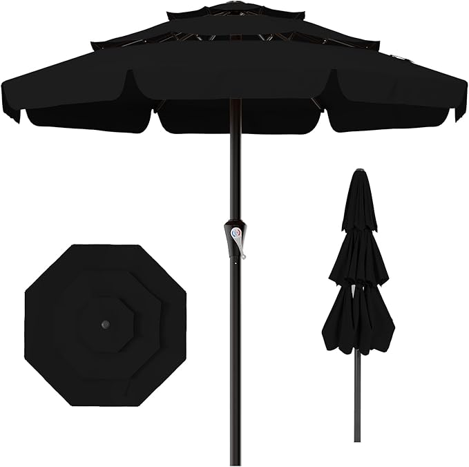 AreShark 11FT 3-Tiers Patio Umbrella with Valance, Outdoor with Crank, Large Outdoor Market Umbrellas Vented with 8 Sturdy Ribs, Patio Table Umbrellas for Garden, Deck, Backyard, Pool, Black