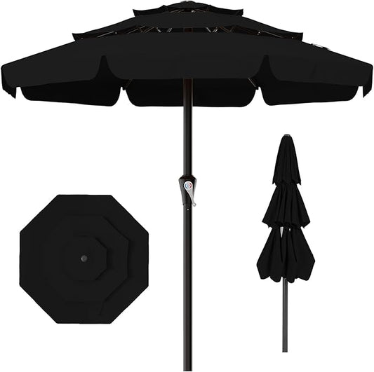 AreShark 11FT 3-Tiers Patio Umbrella with Valance, Outdoor with Crank, Large Outdoor Market Umbrellas Vented with 8 Sturdy Ribs, Patio Table Umbrellas for Garden, Deck, Backyard, Pool, Black