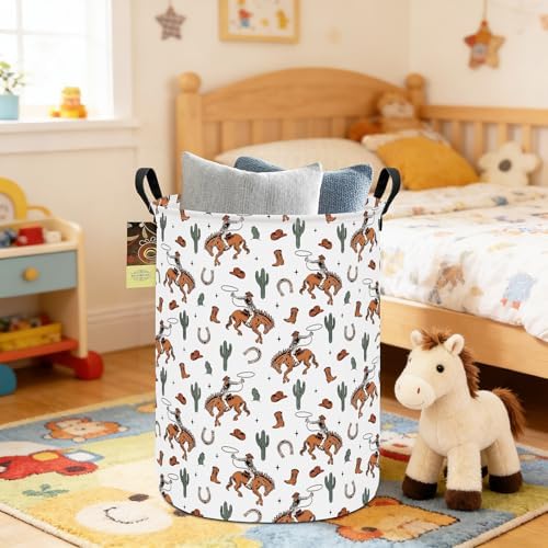 Round Fabric Collapsible Storage Basket with Handles, Cowboy