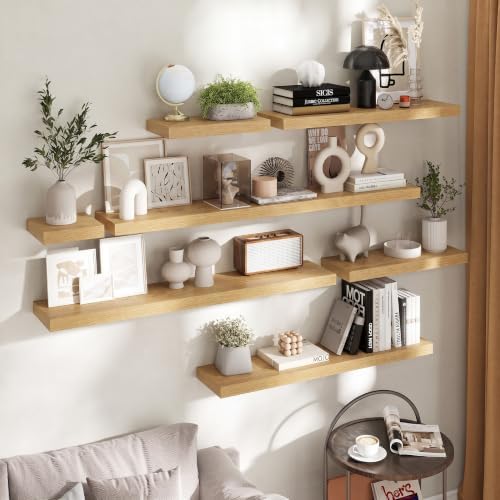 72 Inch Floating Shelves for Wall 2 Pack, 8"D Wood Grain Bathroom Shelves | Invisible Brackets, Oak Finish, Easy Install | Engineered Wood Storage Shelves for Kitchen, Study, Bedroom