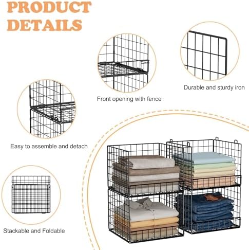 Stackable Closet Organizers and Storage Baskets, 4-Tier Closet Shelf Organizer , Space-Saving Clothes Storage Drawer, Foldable Clothes Storage Bins for Closet Organizer System, Black(Patent 30022416)