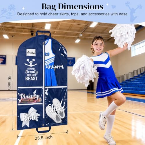 DEEKA 3 Pack Cheer Garment Bag for Hanging Clothes with Zipper Pockets Cheer Accessories Mom Essentials Uniform Costume 40 Inch Black Bags Stuff for Cheerleading Girls (Navy Blue,White-Cheer Quote)