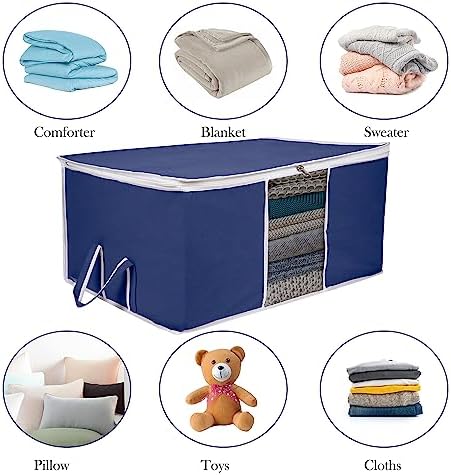Kuber Industries Underbed Storage Bag | Clothes Storage Organizer | Blanket Cover with Clear Window | Zipper Closure & Handle Cloth Organizer | Plain White Border | Large | Pack of 6 | Navy Blue