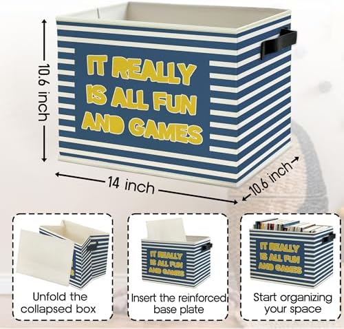 Funny Kids Nursery Playroom Storage Bins Box with Handles, It Really is All Fun and Games Blue Striped Collapsible Basket Organizer for Boys Toddler Kids Bedroom Bathroom Books Clothes
