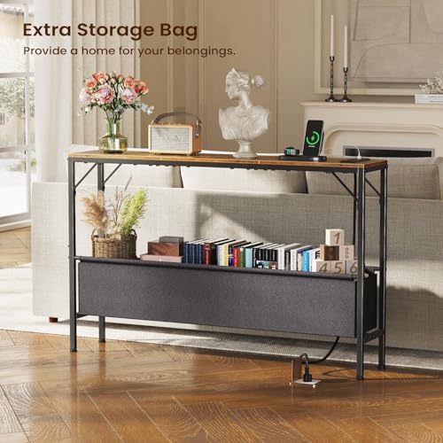 Narrow Console Table, 47.2" Long Entryway Table with Storage Power Outlets | Hallway Table, Mordern Industrial Sofa Tables for Living Room, Bedroom, Foyer, Office, Anti-tip Kit, Rustic Brown