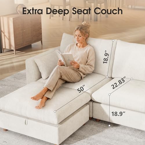 WorthFurni Oversized Modular Sectional Sofa,144" U Shape Sectional Cloud Couch with Storage Ottoman,Comfty 6 Seat Modular Sofa for Living Room,Beige Chenille