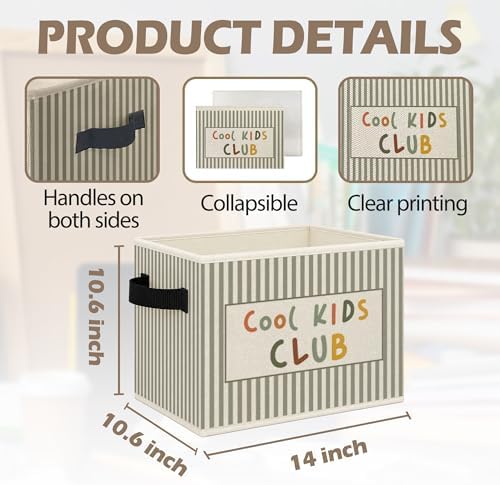Boho Nursery Playroom Foldable Storage Bins Box with Handles, Cool Kids Club Striped Collapsible Toys Books Clothes Organizer Basket for Kids Nursery Room Playroom Bedroom Bathroom