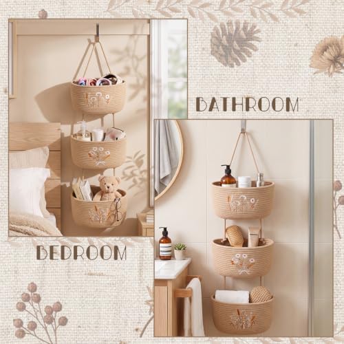Novabright 3 Tier Over The Door Hanging Basket Organizer with Hooks | Woven Cotton Wall Mounted Storage Organizer Closet Boho Embroidery Large Wall Basket for Nursery Bedroom Bathroom Kitchen
