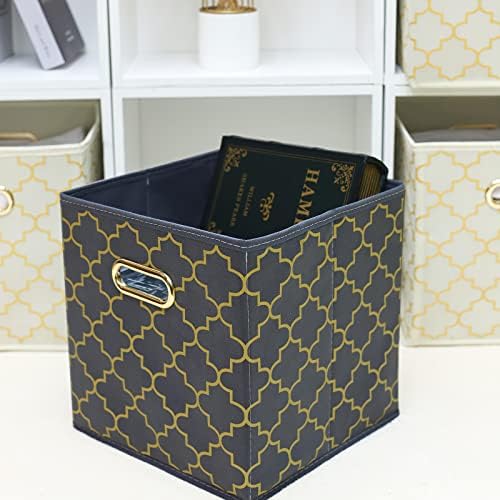 Fabric Cloth Storage Bins,Fabric Cube Organizer with Dual Handles Foldable Cube Storage Baskets for Home Bedroom Storage,Set of 3,(Grey Gold)