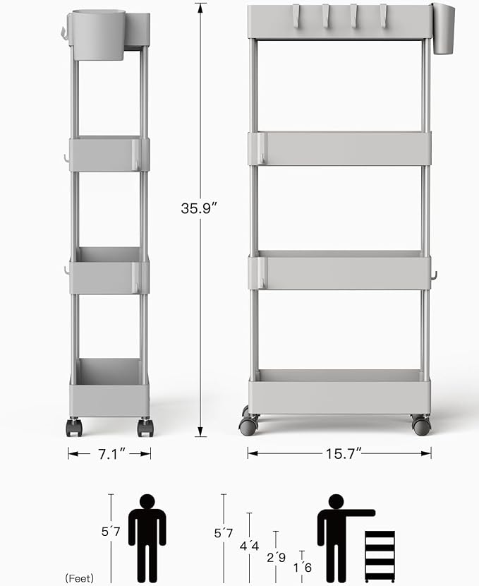 Pipishell 4 Tier Slim Storage Cart with Wheels, Laundry Cart, Gray