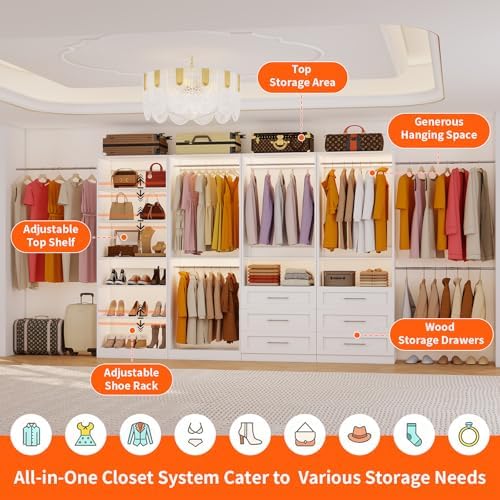 Closet System with 3 Sets, 6-15FT Modular Closet Organizer Systems with 6 Wood Drawers & 8 Shelves, Walk in Closet System Tower with 5 Hanging Rods, Custom Closet Organizer Kits Adjustable, White