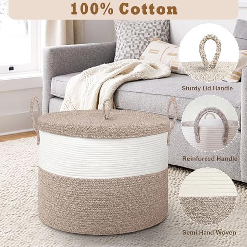 21" x 18" Extra Large storage baskets,Decorative blanket basket with lid for Living room,rope baskets with lid,wicker hamper for bedroom,Big,Round,White & Brown 115L
