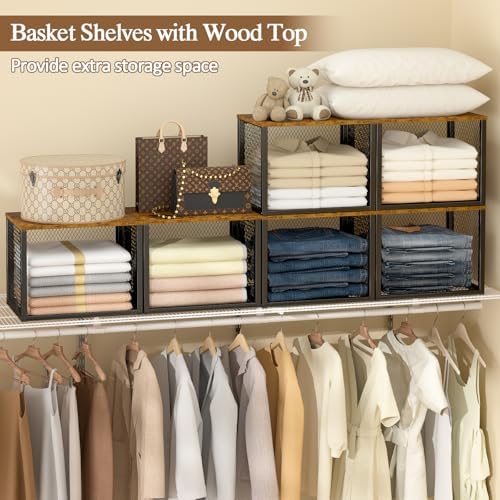3 Pack Stackable Closet Organizers and Storage Basket, Closet Shelves with Wood Top Extra Storage, Multifunctional Clothes Organizer Bins/Cube Storage Drawer for Wardrobe Kitchen Laundry Room, Black