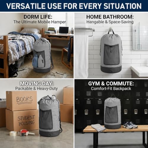 Backpack Laundry Bag, Durable polyster Laundry Backpack Bag with Shoulder Straps, Drawstring Closure & Mesh Pocket, Large Clothes Hamper for Dorm, Travel, Laundromat (Gray)
