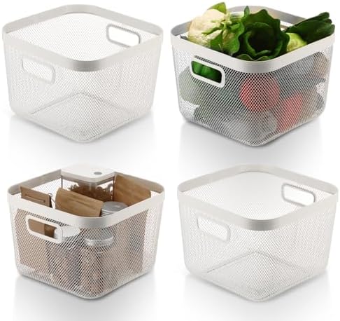 MorningRo 4 Pack Metal Mesh Basket with Hollow Handles White Wire Storage Bin for Organizing Stackable Metal Fine Mesh Basket for Pantry Bathroom Kitchen Cabinets Shelves (Large)
