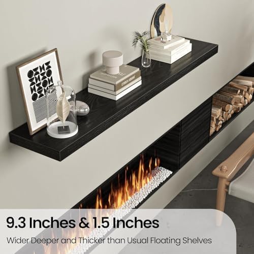 Floating Shelves for Wall, 72"W x 9.3"D x 1.5"H, Long Wooden Wall Mounted Display Shelves with Invisible Brackets for Living Room, Bedroom, Bathroom, Kitchen Decor and Storage, Set of 2, Black