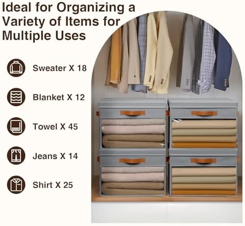 Homsorout Large Storage Bins with Lids - 6 Pack Foldable Decorative Organizers with Clear Windows & Handles, Cube Storage Organizers for Clothes, Blankets, Sweaters, CD, Grey