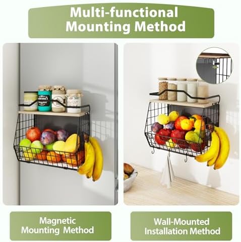 Wawocs Magnetic Shelf for Fridge with Wood Lid, 2 Tier Fruit Baskets Wall Mounted Hanging Basket with 4 Hanger Hooks, Potato and Onion Magnetic Storage Bins for Kitchen Counter, Refrigerator, Cabinet