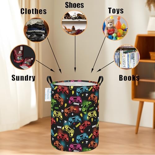 Round Laundry Basket Collapsible Boys Storage Hamper Organizer Game | Waterproof Canvas Foldable Baskets with sturdy Handles Multi-scene Organizer for Home Play Bedroom Gift Bin