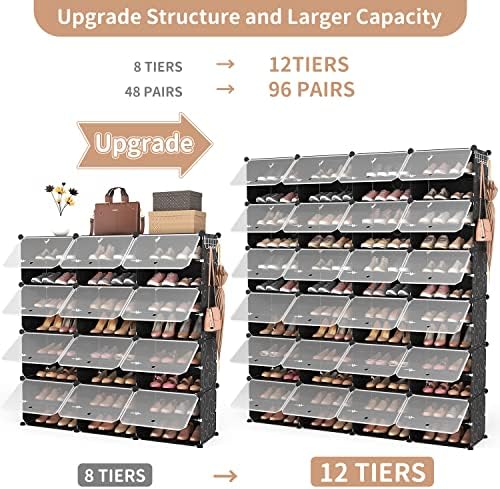 ROJASOP Shoe Storage Cabinet, 12-Tier Shoe Organizer 96 Pairs Extra Large Plastic Shoe Rack with Covers Portable Shoe Rack Organizer with Doors Big Shoe Rack for Closet Entryway Bedroom