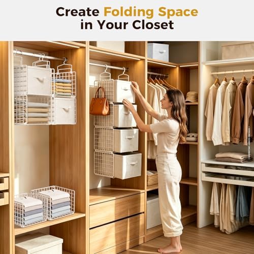 4 Tier Hanging Closet Organizer with 4 Drawers, White | Metal Hanging Shelves with 4 Hanging Hooks for Wardrobe Laundry Garage, No Sagging, Modular Design, Space Saving