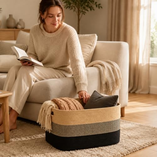22.8GAL Extra Large Collapsible Laundry Basket for Dirty Clothes,Shoes, Sturdy Portable Aesthetic Boho Heavy Duty Wicker Hamper for Living Room Thow Pillows Blankets Storage Organizer,Khaki Black
