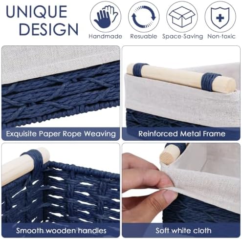 Wicker Storage Basket with Wooden Handle – Paper Rope Decorative Toilet Paper Baskets & Bathroom Organizer for Toilet Tank Top, Shelves, Bedroom, Countertop,Home,Office Storage Bins,2 Pack,Navy Blue