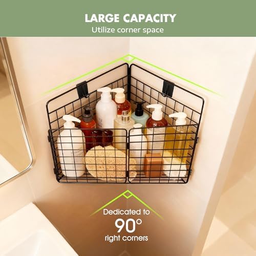 Greentainer Corner Bath Toy Storage Organizer, Large Rustproof Metal Wire Basket, Foldable Wall Mounted Hanging Bathtub Toy Holder with Drainage, No Drilling Adhesive Shower Caddy for Bathroom Tub