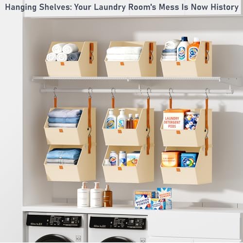 DIMJ Hanging Closet Organizer - 4 Tier Collapsible Hanging Shelves with Hooks Zipper, Fabric Clothes Organizer, Space-Saving Storage Bin Basket for RV, Bedroom, Laundry Organization