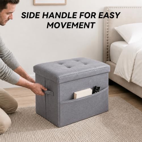 Ottoman with Storage, Folding Square Ottoman with Side Pocket, Foot Stool and Storage Chest for Living Room, Bedroom, Entryway, Dorm. 17x12.6x12.6in, Gray.