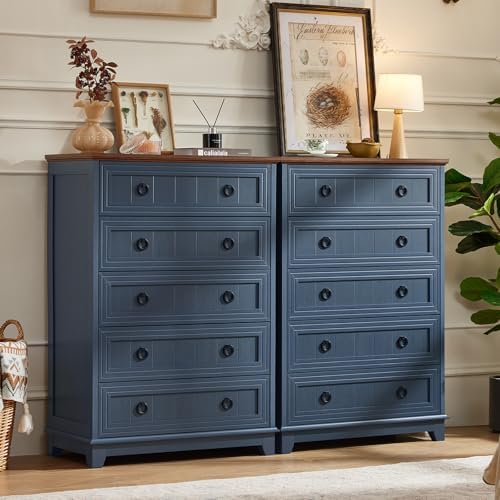 Joaxswe Farmhouse 5 Drawer Dresser for Bedroom Set of 2, 42" Tall Small Dressers & Chest of Drawers, Rustic Wood Dresser with Metal Handle, Storage Organizer Closet for Living Room, Hallway,Entryway | Chest of Drawers, Rustic Wood Dresser with Metal Ha...