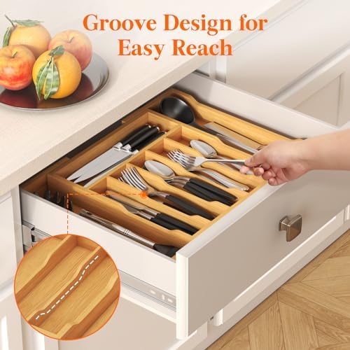 Lifewit Silverware Drawer Organizer, Wooden Utensil Tray for Kitchen | Expandable Flatware and Cutlery Holder, Adjustable Storage for Spoons Forks Knives, 13-22x15", Natural