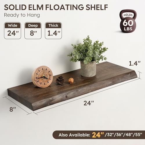 24" Live Edge Floating Shelves, Solid Elm Wood Shelf, Set of 2