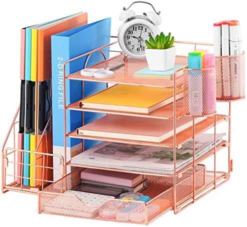 Marbrasse Rose Gold Desk Organizer with File Holder, 5-Tier Paper Letter Tray Organizer and Drawer, Mesh Desktop Storage with Magazine Holder for Office Supplies
