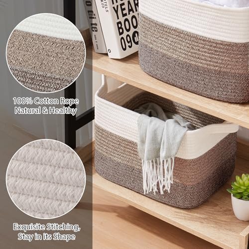 OIASKET Storage Baskets for Organizing, Woven Baskets for Shelves, Rectangle Decorative Organizer for Storage Clothes, Toy, Books, Towels Nursery Bins 3 Pack (Gradient Dark Brown, 13"x9.85"x8.7")